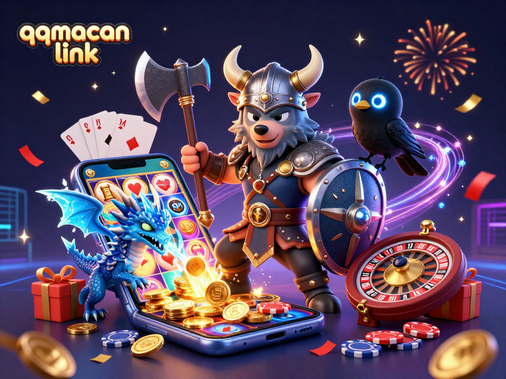 The 3D Viking wolf warrior, dragon, and raven celebrate the qqmacan link with exciting gaming elements and rich visual details.