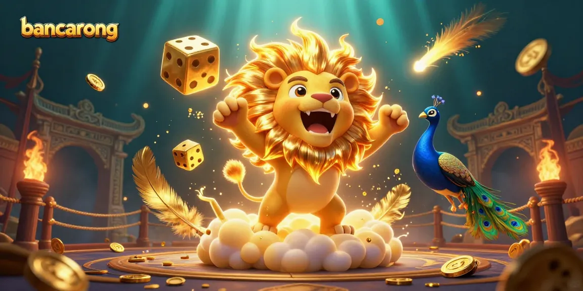 Experience bancarong excitement with our vibrant 3D illustration featuring a roaring lion, golden dice, and a peacock.