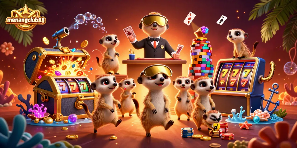 Experience the excitement of menangclub88 with meerkats running a vibrant casino in this dynamic illustration.