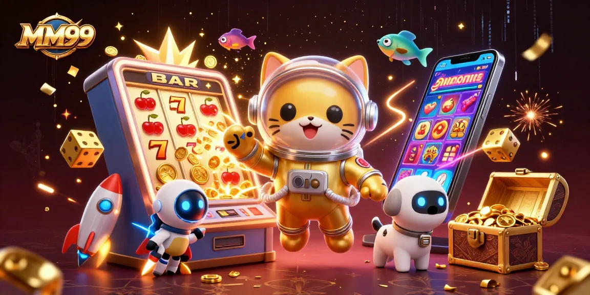 Experience thrilling wins at MM99 with a vibrant 3D casino adventure featuring slot machines and alien characters.