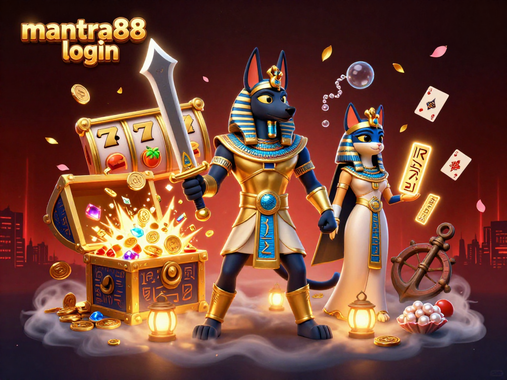 Join the festive action with mantra88 login, featuring vibrant slot reels, treasures, and dynamic Egyptian characters.
