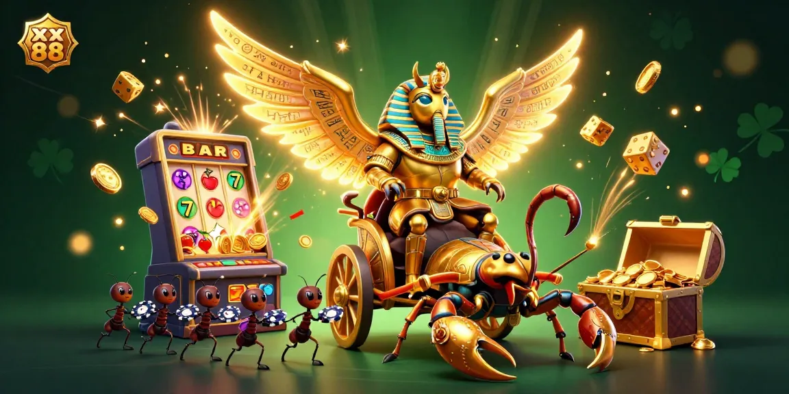 Engage with thrilling gameplay at xx 88 as the golden scarab beetle celebrates casino winnings.
