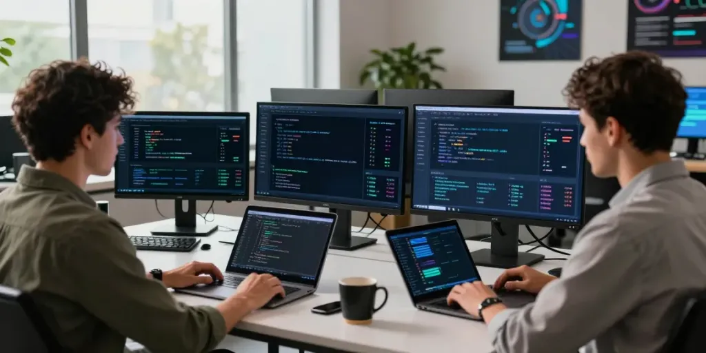 AI inference analysis at a modern tech workstation showcasing performance metrics and algorithms.