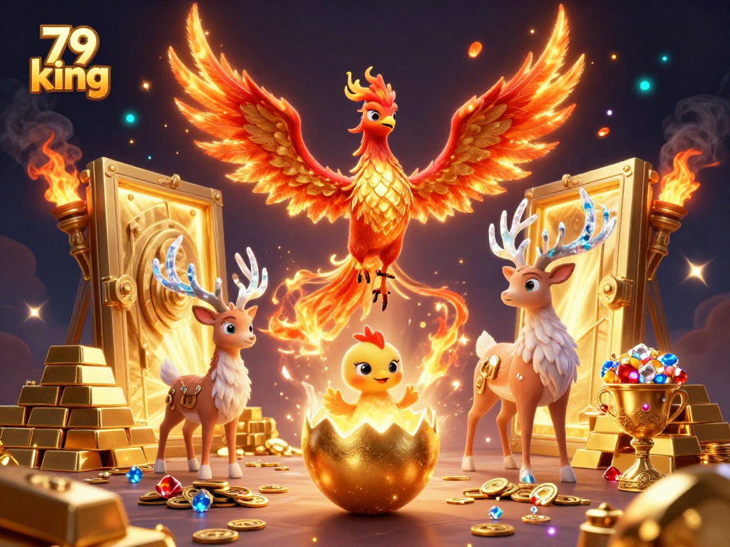 Experience exhilarating gameplay at 79 king with enticing golden treasures and mythical creatures in a vibrant casino scene.
