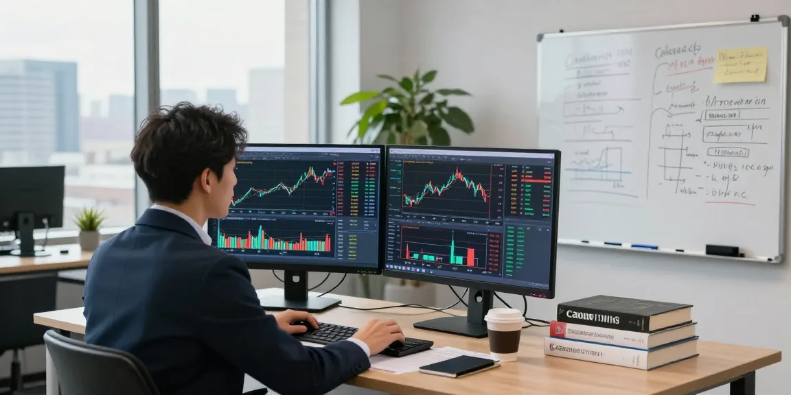 Developer analyzing US stock fundamental data API in a modern trading office with analytical tools and charts.