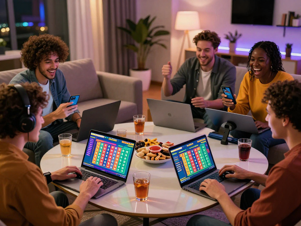 Dewatogel players enjoying a virtual lottery game in a lively living room setting.