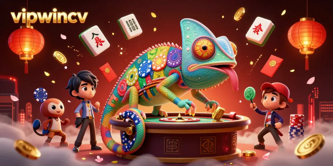 Experience thrilling gaming with vipwincv as a chameleon casino owner collects golden coins amidst vibrant decorations.