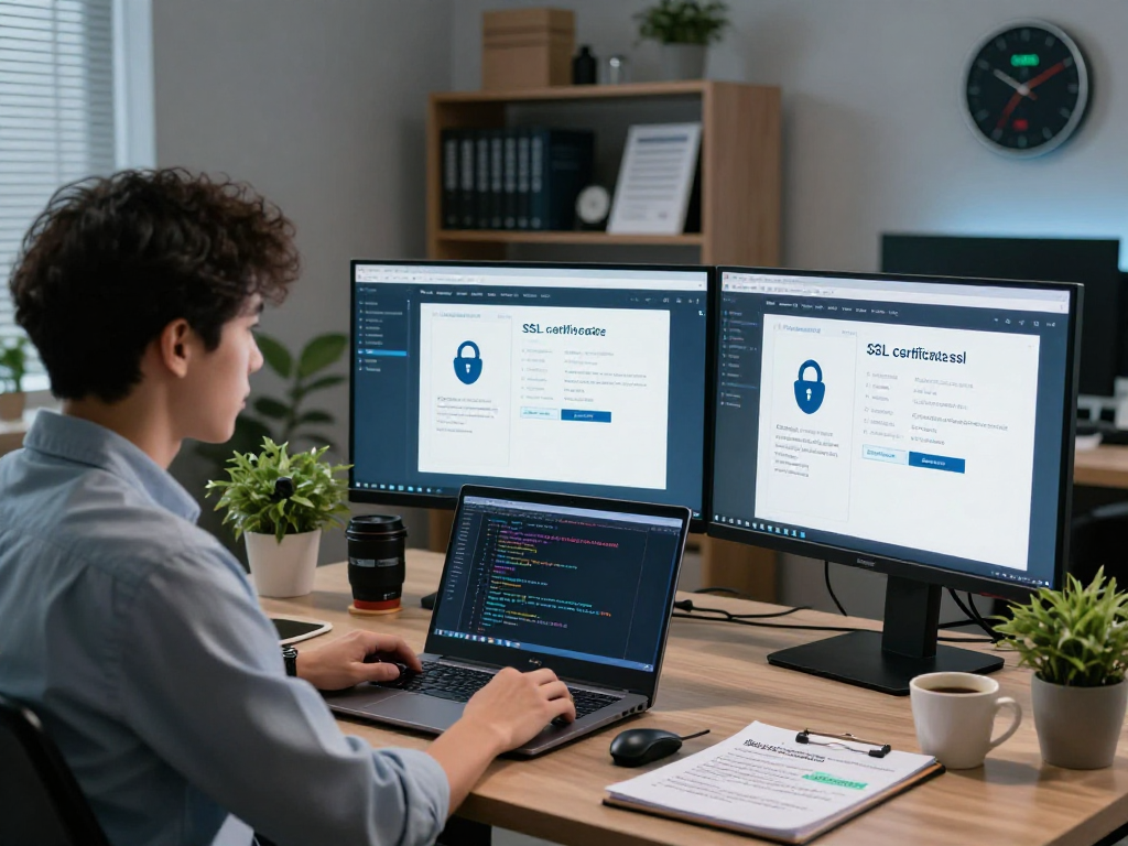 IT professional analyzing certificados ssl certificate data on multiple screens in a modern office setting with cybersecurity tools.