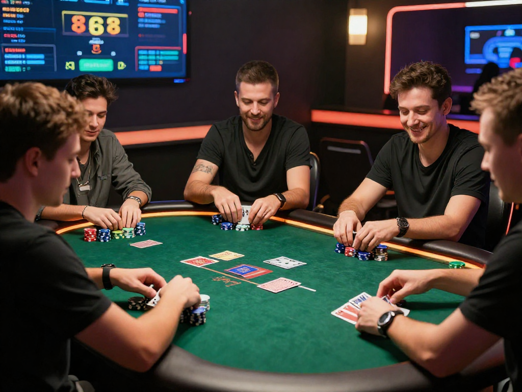 Exciting Poker88 online game scene with players at the table, chips and cards in action.