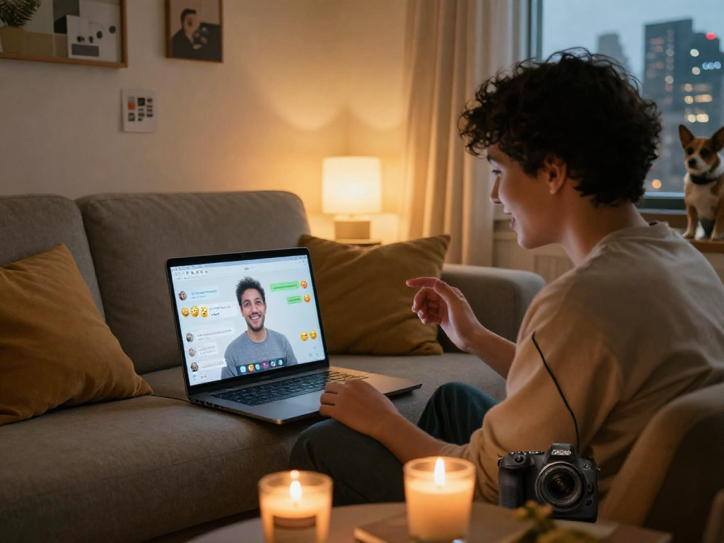 Engaging in sex chat utilizing video call technology in a cozy environment with a laptop and personal touches.