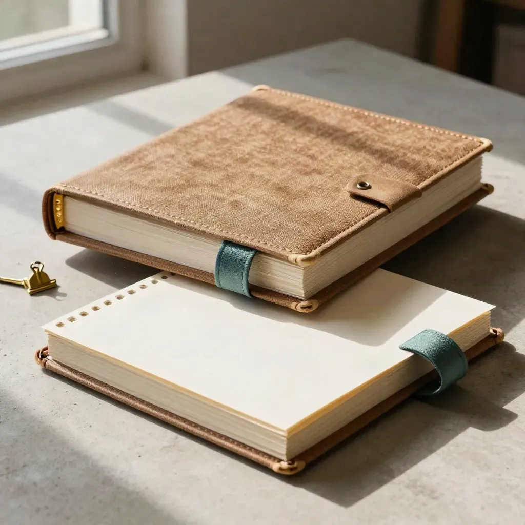 Research binders, blank card, and brass clip on a concrete table in warm late-afternoon light.