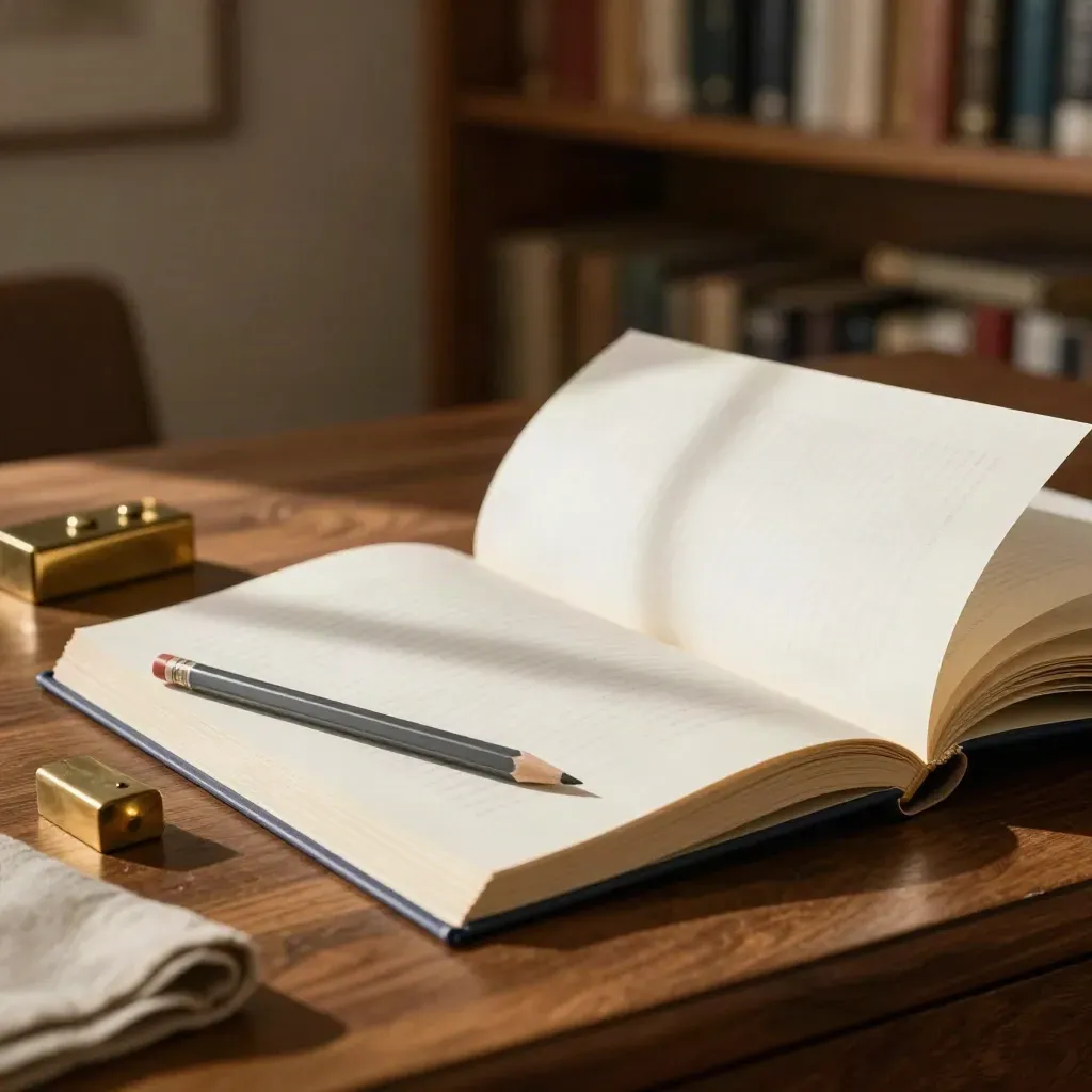 Open learning guide with navy tabs and pencil on a walnut desk in warm daylight.