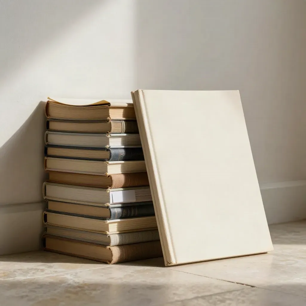 Idea books and a blank comparison board in soft daylight beside a plaster wall.