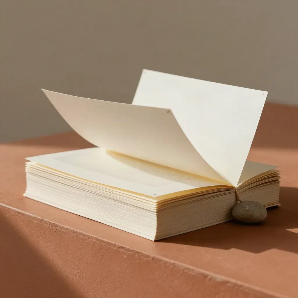 Paper stack with lifted page, tracing sheet, and stone weight on a terracotta ledge.