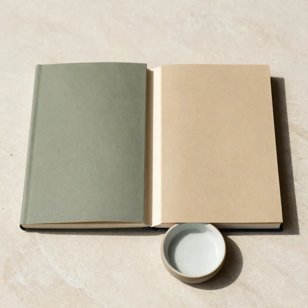 Overhead flat lay of two booklets, a comparison strip, and a ceramic dish on pale stone.