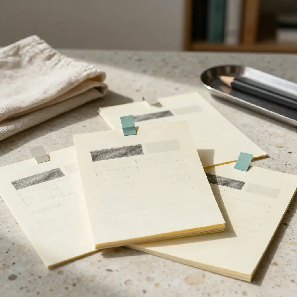 Three clipped note sheets around a central argument card on travertine with cloth and pencil tray.