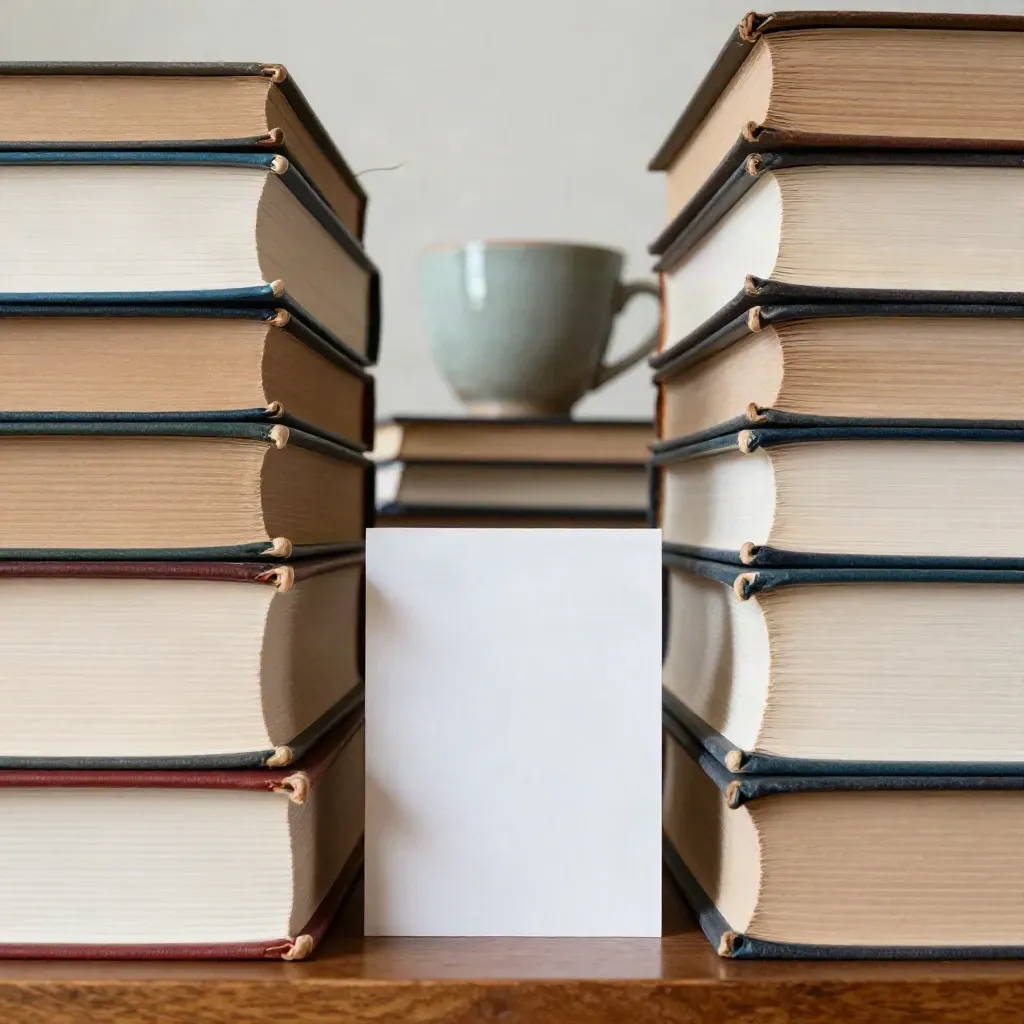 Face-to-face book stacks with a central divider card and a blurred teal cup