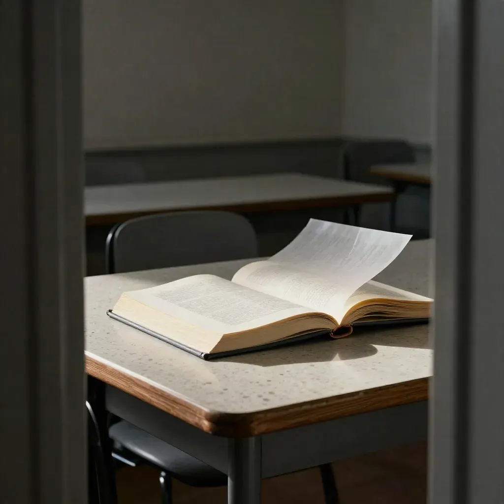 Doorway view of a glossary book, lifting tracing sheet, and empty chair in a quiet seminar room.