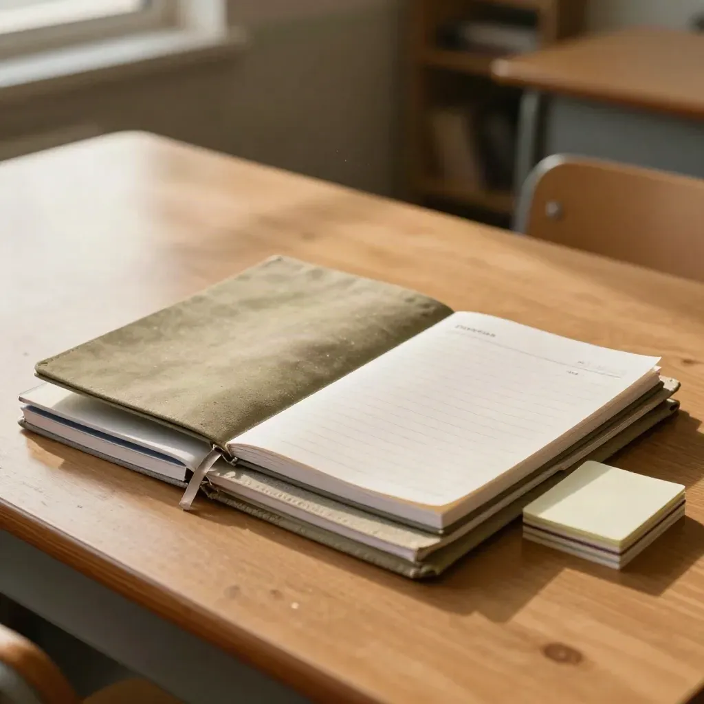 Overhead lesson notebooks, folded note cards and cloth folder on a warm classroom desk.