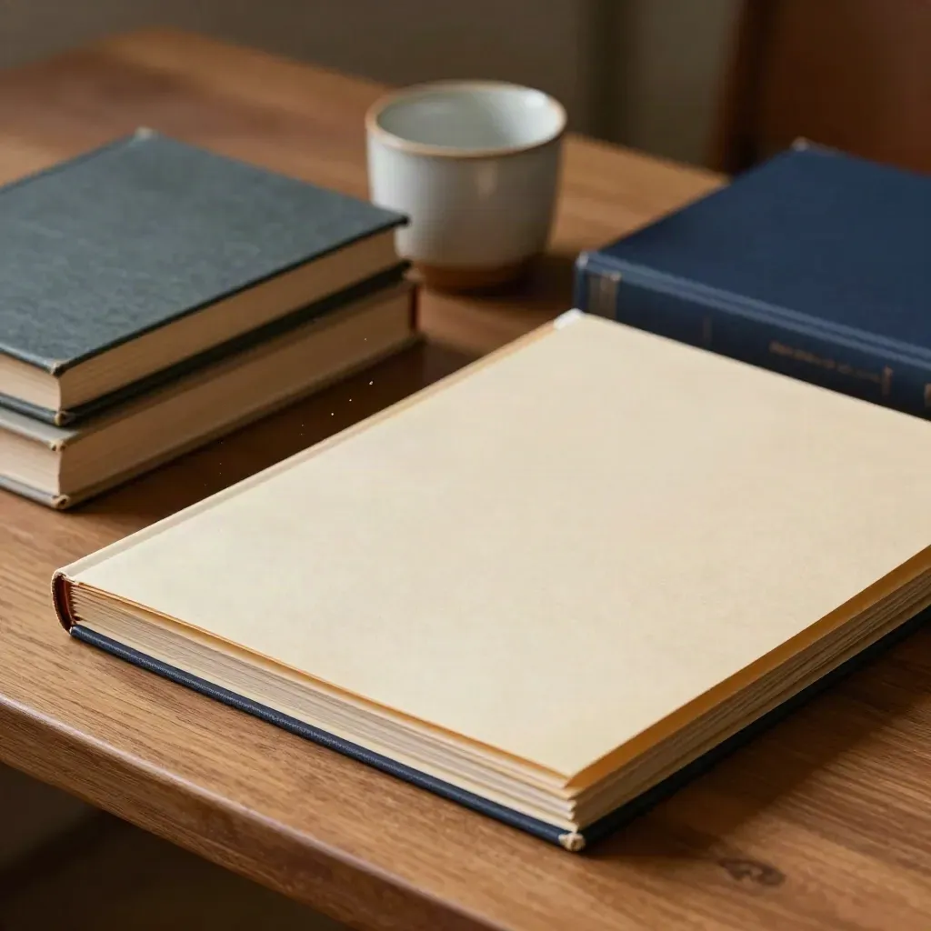 Archival folders, research books, and a ceramic cup in soft window light.