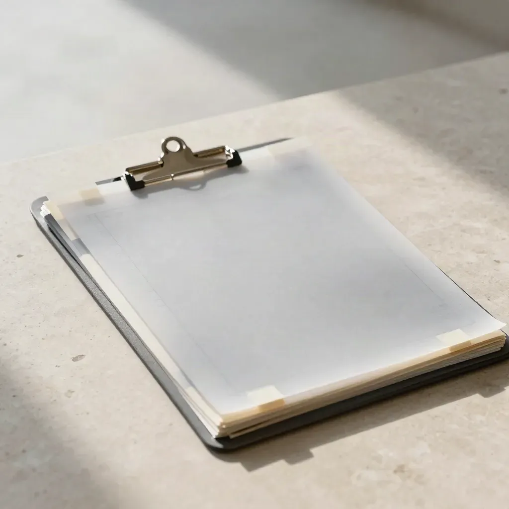 Acetate summary sheets and a clipped chart board on limestone, lit from above.