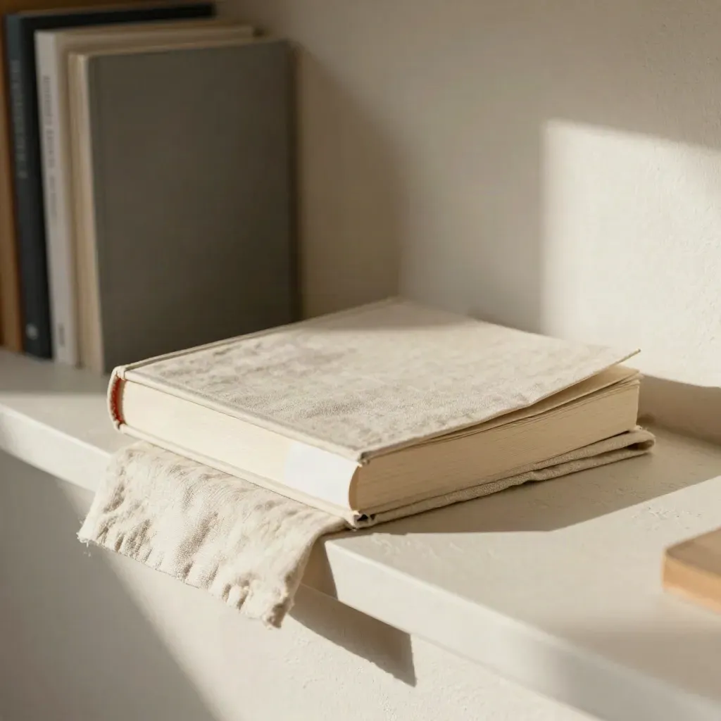 A cloth-bound guide on a plaster ledge with linen and a tab marker in soft daylight.