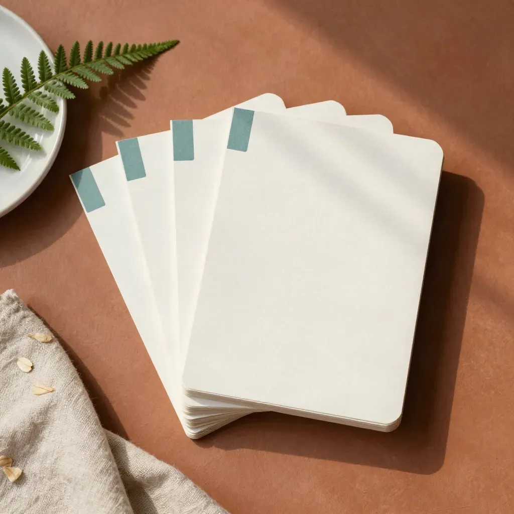 Teal-tabbed study cards, fern sprig, linen cloth, and ceramic dish on a clay plaster surface.