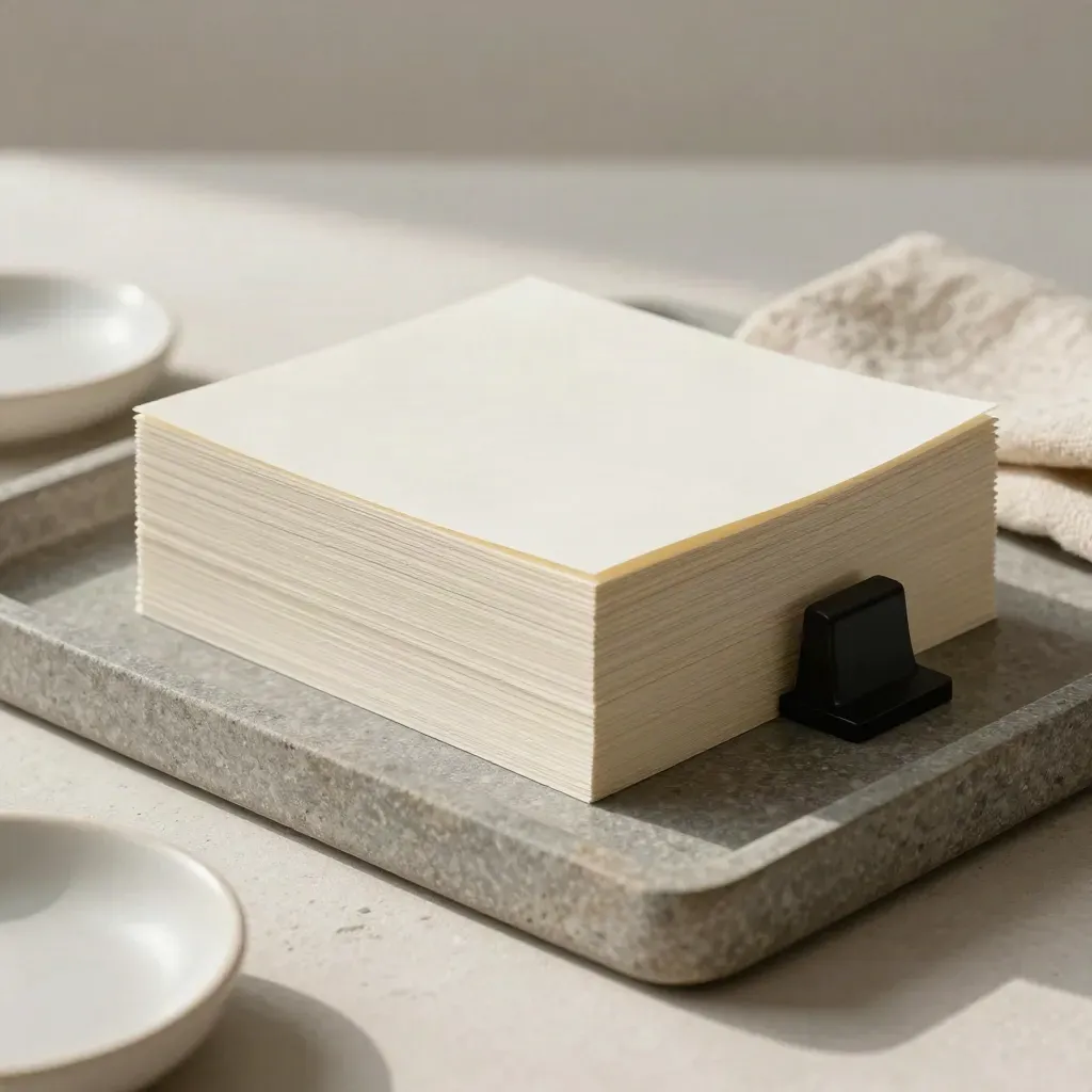 Stone tray with source sheets, paperweight, dish, and folded cloth in soft daylight.