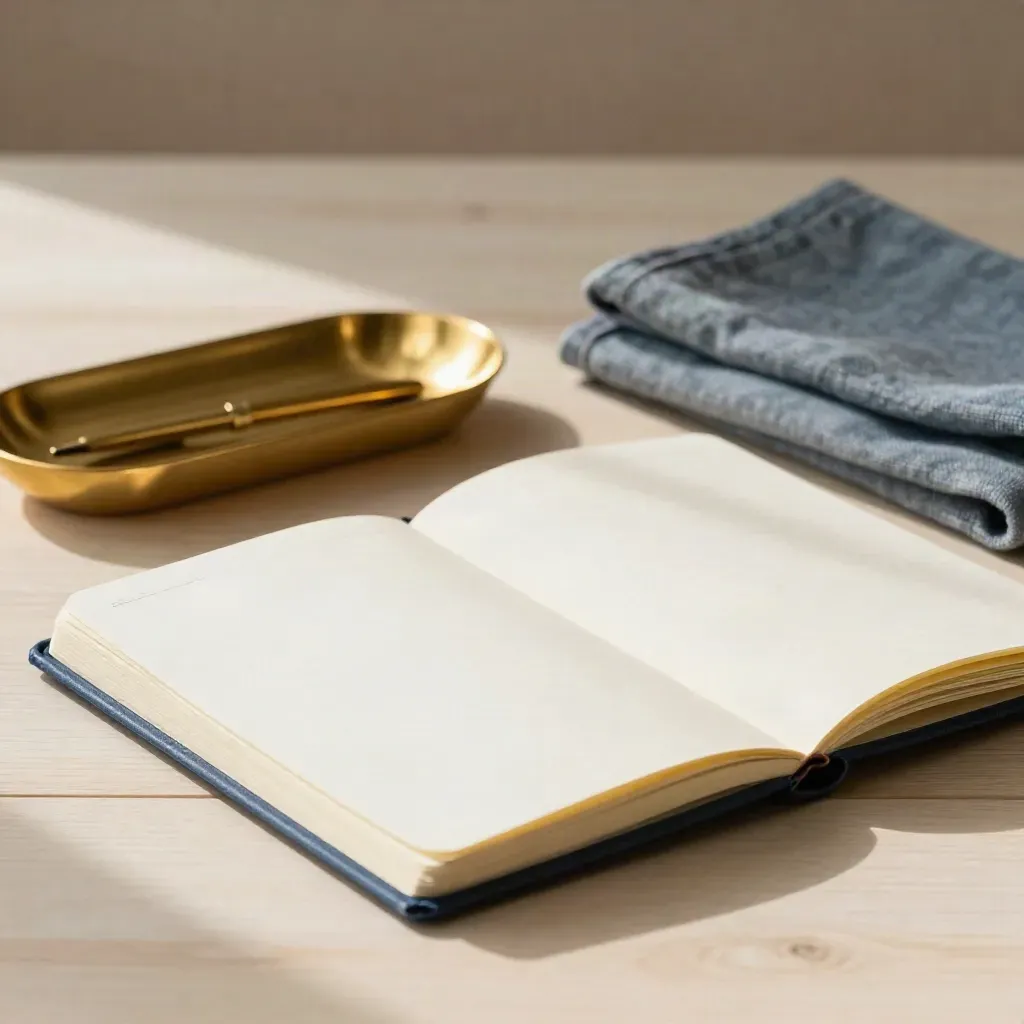 Half-open work notebook with brass tray and chambray cloth on pale wood.