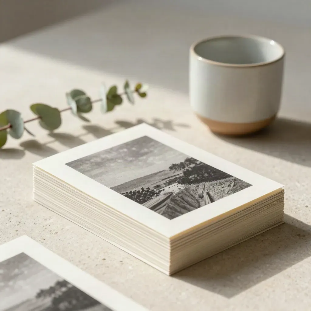 Stack of zines, ceramic cup, and eucalyptus stem on warm stone in soft light.