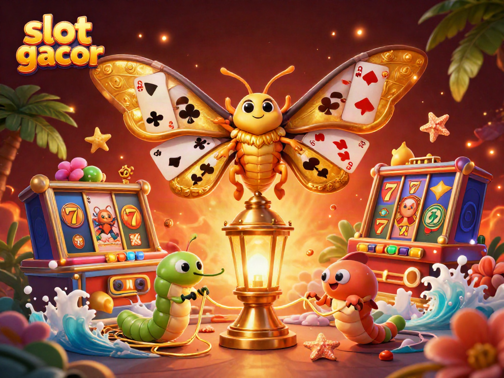 Ilustrasi kasino slot gacor menampilkan kupu-kupu atlas dengan sayap emas dan simbol permainan slot yang dinamis.