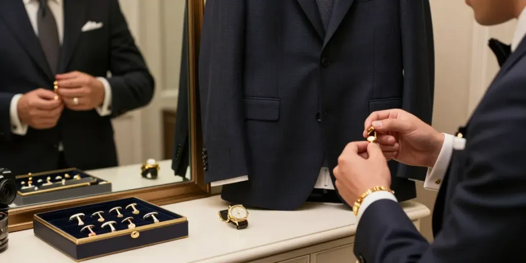 Stylish man adjusting gold cufflinks in front of a mirror, highlighting elegance and luxury.