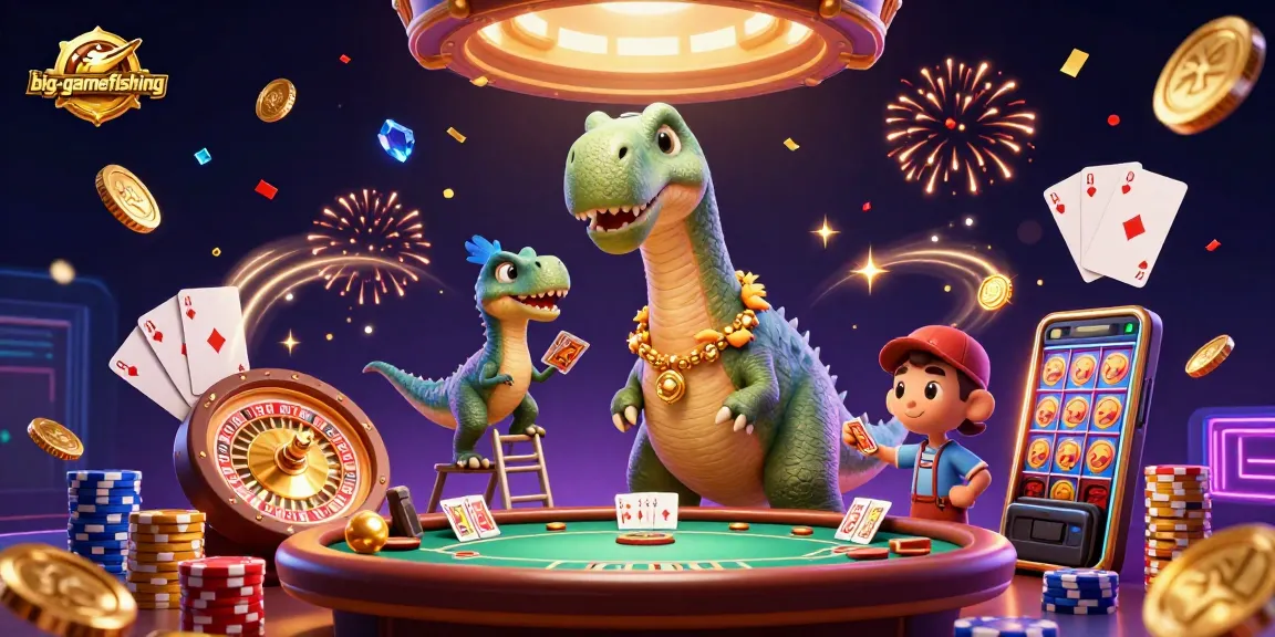 Big-gamefishing themed 3D illustration showcasing a giant dinosaur in a casino with cards, chips, and festive effects.