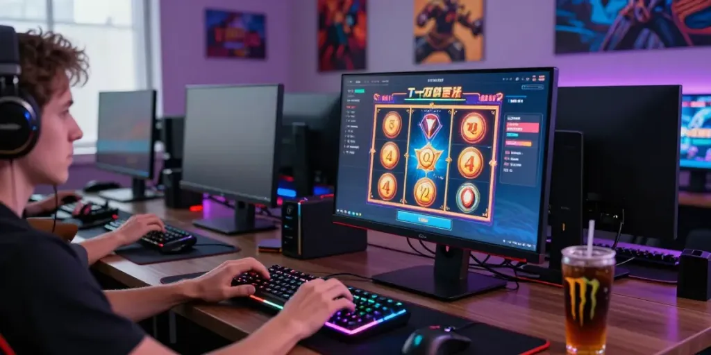 Player engaging with an exciting slot game interface on a vibrant gaming setup.