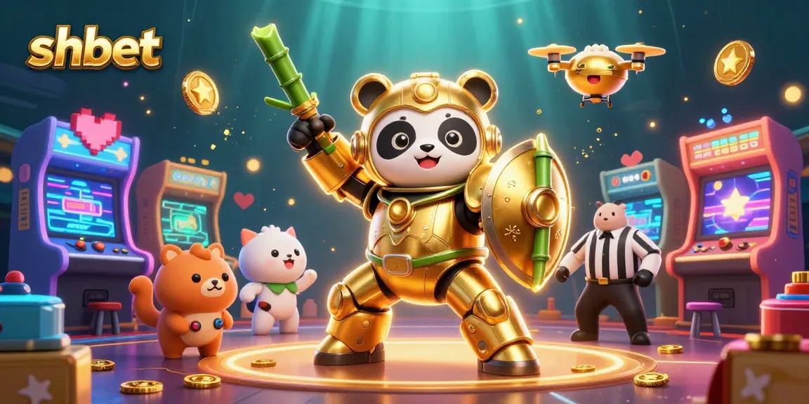 Engage with shbet's rich gaming world featuring a golden panda in a mech-suit amidst vibrant casino elements.