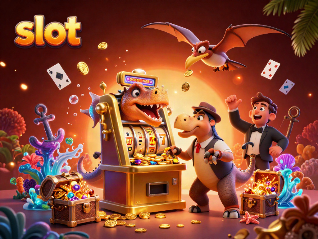 Slot mesin dibuka oleh pachycephalosaurus dengan jackpot koin menerbangkan bertabur di kasino.