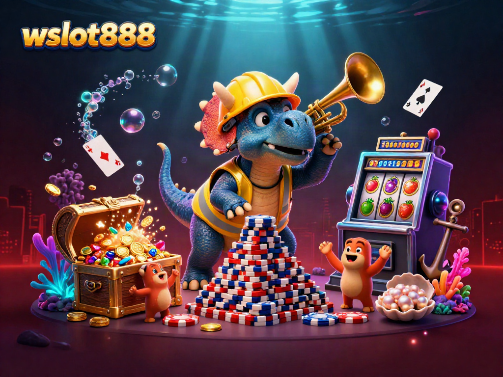Merayakan kemenangan di wslot888 dengan ilustrasi kartun triceratops membangun piramid chip poker.