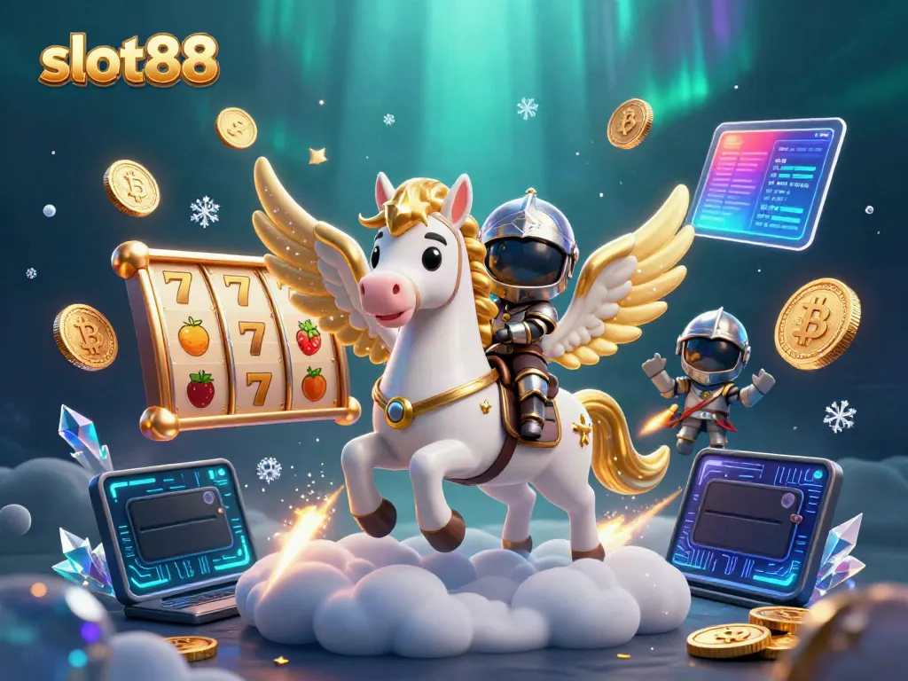 Menangkan permainan slot88 dengan kuda putih bercahaya dan petualang bersenjata di dunia kasino 3D.