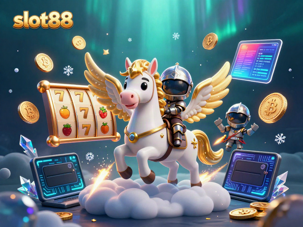 Menangkan permainan slot88 dengan kuda putih bercahaya dan petualang bersenjata di dunia kasino 3D.