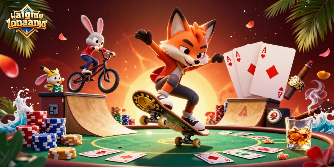 Engaging taigamebancaanxu scene featuring a skateboarder fox and BMX rabbit showcasing casino elements.