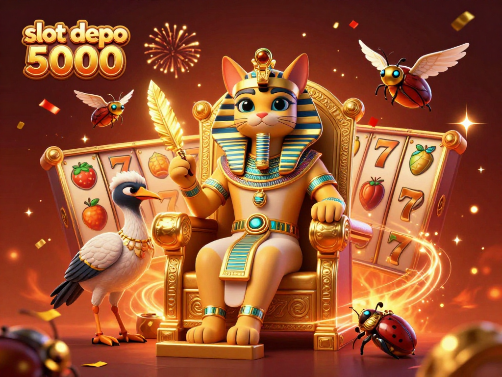 Engage with slot depo 5000 in a vibrant casino scene featuring a golden pharaoh cat and exciting slot elements.