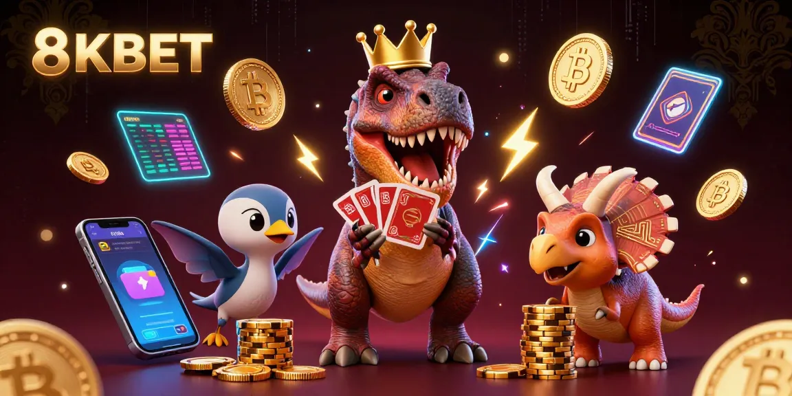 Engage with 8KBET through a vibrant, dynamic casino scene featuring cartoon dinosaurs and cryptocurrency elements.