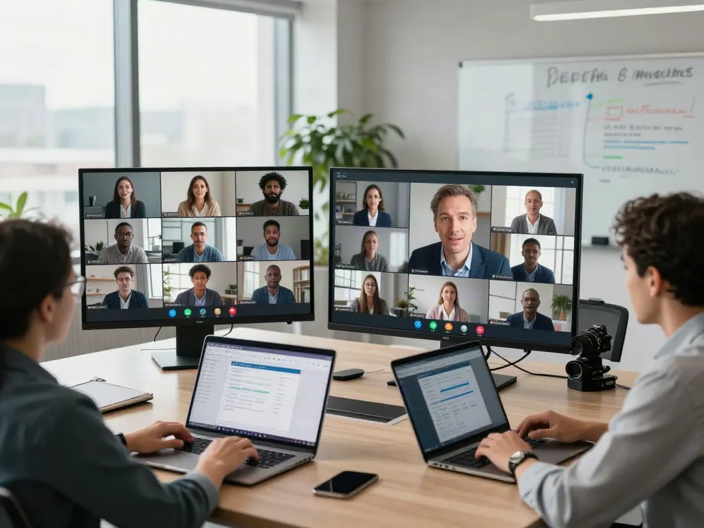 Deepfake free meetings in a corporate office setting with remote team collaboration.
