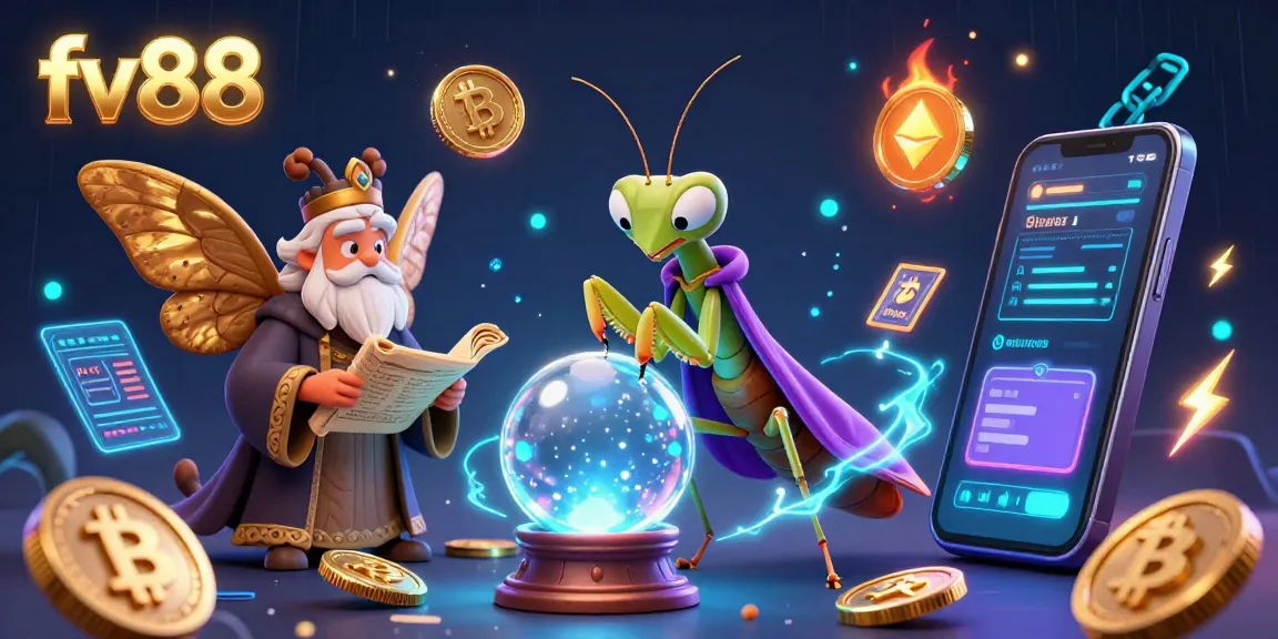 Experience thrilling gameplay with fv88, as a fortune teller peers into a crystal ball surrounded by glowing cryptocurrencies and digital elements.