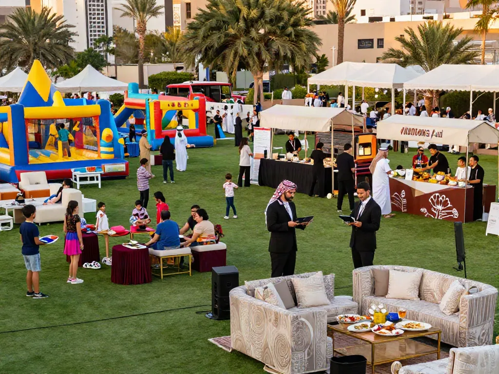Event rental KSA showcasing vibrant outdoor festival with families enjoying inflatable games and luxury furnishings.