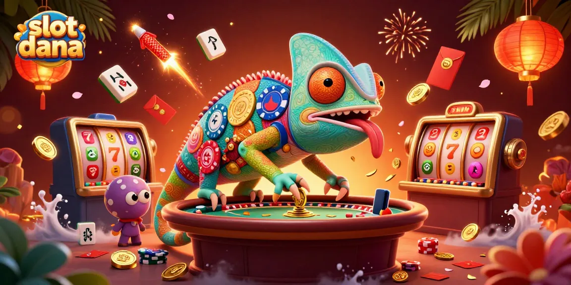 Spin slot dana with a colorful chameleon casino owner catching coins in a vibrant game scene.