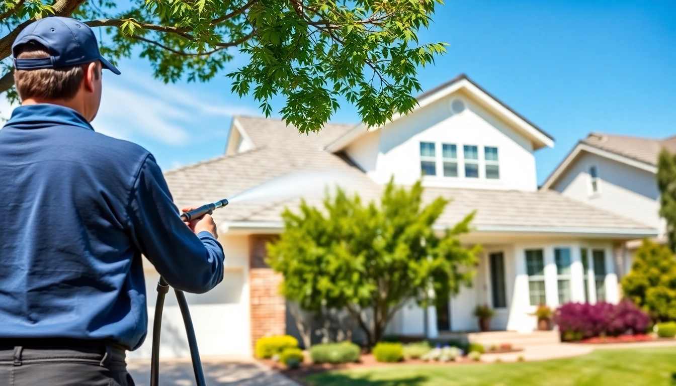 Roof Cleaning service showcasing a technician cleaning a roof in a suburb with a clear sky.