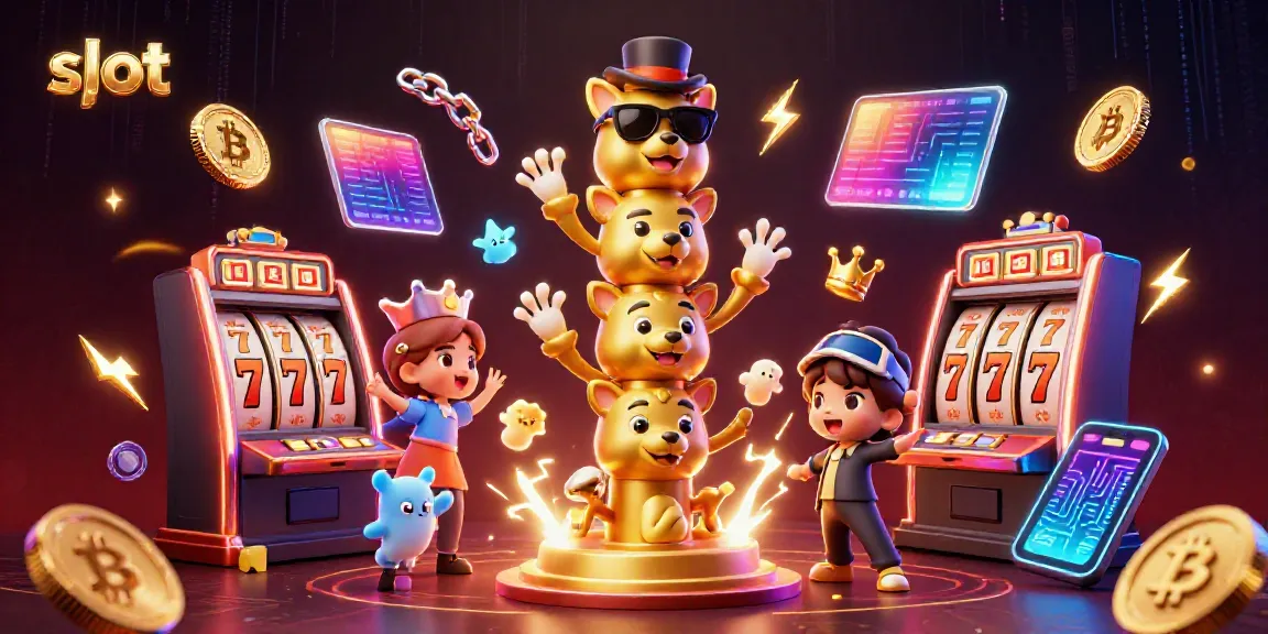 Memenangkan slot dalam ilustrasi 3D dengan simbol jackpot dan gulungan berwarna cerah.