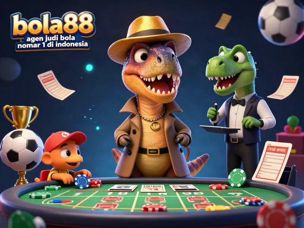 Bola88 agen judi bola nomor 1 di indonesia showcased with a velociraptor card counter amidst an exciting sports betting scene.