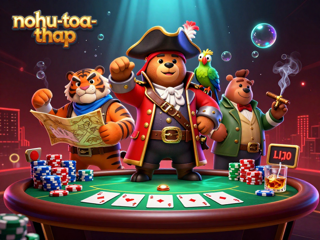 Engage in thrilling activities with nohu-toa-thap featuring cartoon pirate bear and tiger in a lively casino scene.